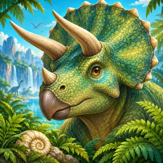 Friendly green Triceratops with three horns and a broad frill